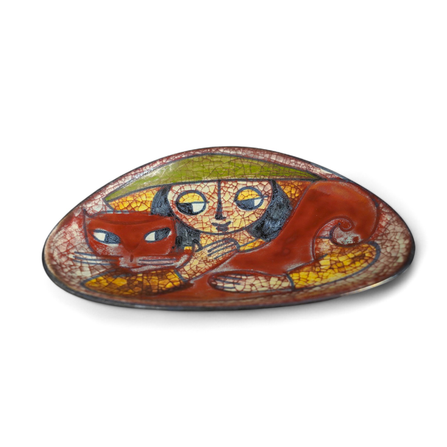 A Michael Andersen lustre stylised 'girl hugging a cat' dish, 20.5cm wide. Condition - good